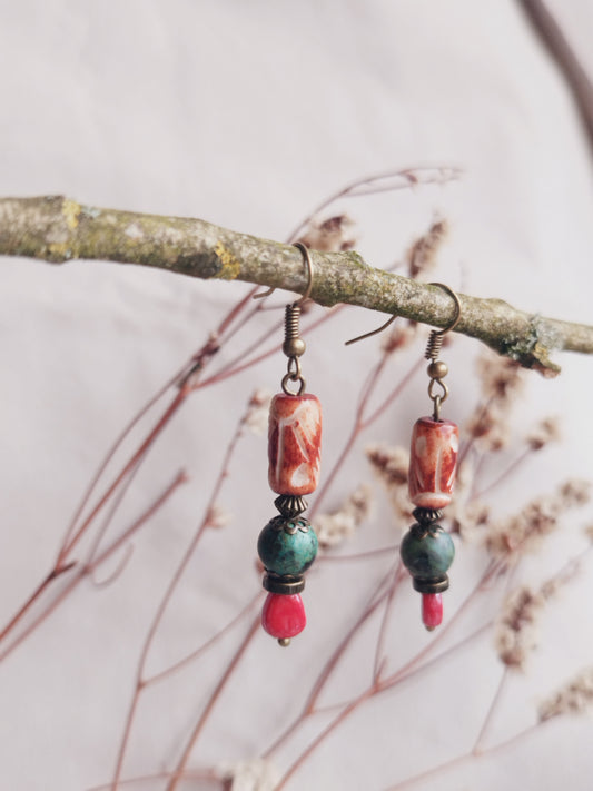 BOUCLE D'OREILLE - ethnique - bohème - upcycling - fait en Belgique - couleur bronze